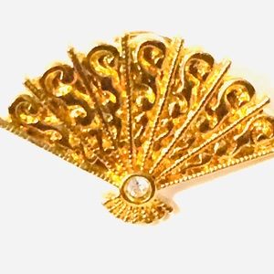 Vintage Fan Brooch Push Pin Gold Tone Crystal